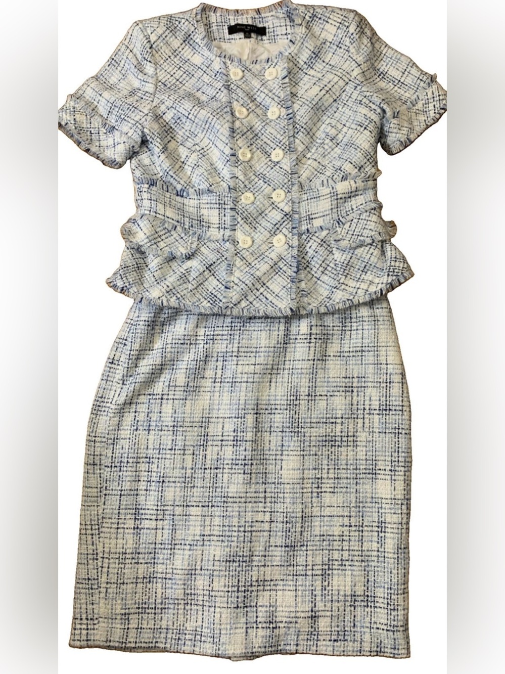 Nine West Short Sleeve Lined Tweed Jacket And Skirt Suit Blue White Sz 10 Classy